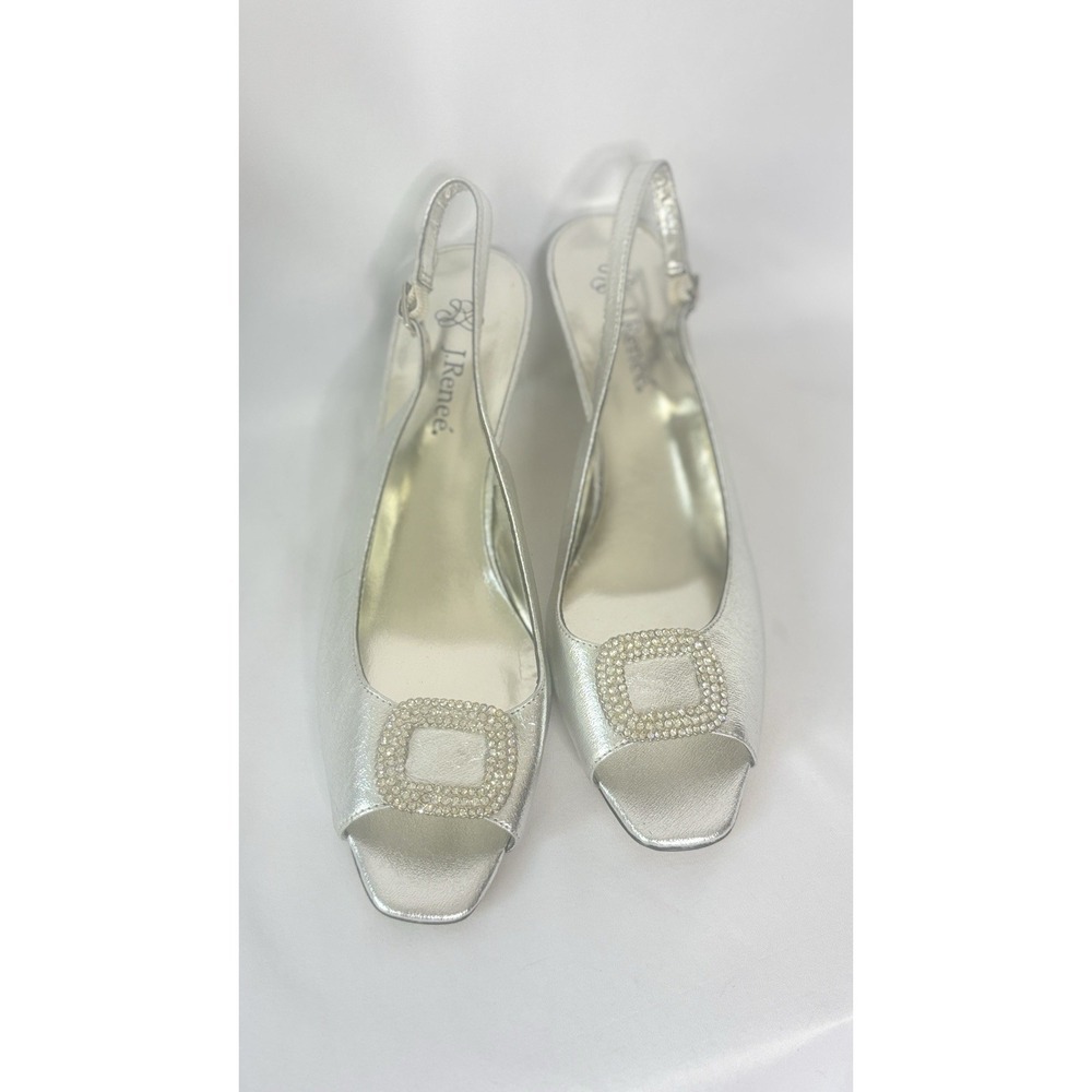 J.Renee Metallic Silver Dress Kitten Heels With Rhinestones Buckle Detail 9.5